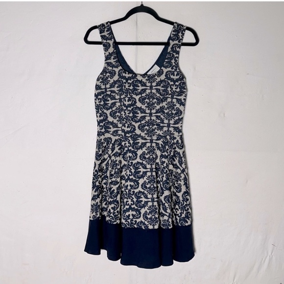 Mystic Cream Navy Textured Jacquard Fit And Flare Sleeveless Dress M - Picture 16 of 16